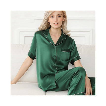 Women's Silk Pajamas Short Sleeve Shirts Pjs Pants Sleepwear 2 Piece Set