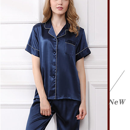 Women's Silk Pajamas Short Sleeve Shirts Pjs Pants Sleepwear 2 Piece Set