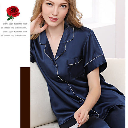 Women's Silk Pajamas Short Sleeve Shirts Pjs Pants Sleepwear 2 Piece Set