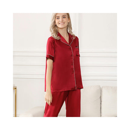 Women's Silk Pajamas Short Sleeve Shirts Pjs Pants Sleepwear 2 Piece Set