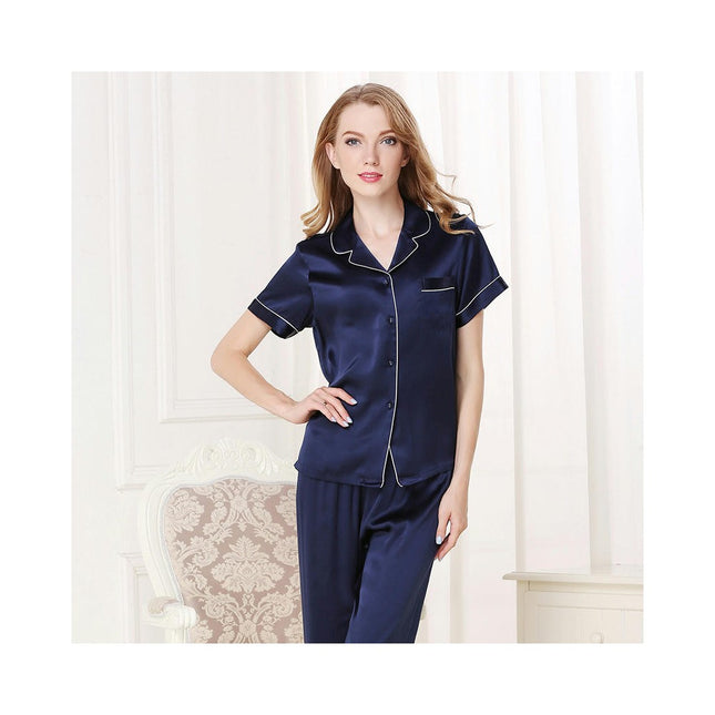 Women's Silk Pajamas Short Sleeve Shirts Pjs Pants Sleepwear 2 Piece Set