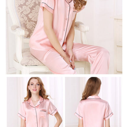 Women's Silk Pajamas Short Sleeve Shirts Pjs Pants Sleepwear 2 Piece Set