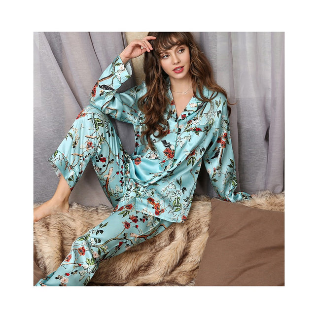 Women Silk Pajamas Long Sleeve Silk Pjs Set, Two-piece Button-Down Sleepwear