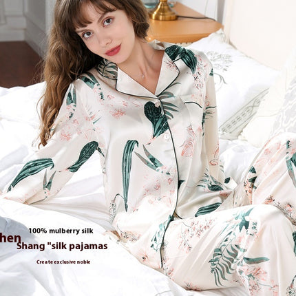 Women Silk Pajamas Long Sleeve Silk Pjs Set, Two-piece Button-Down Sleepwear