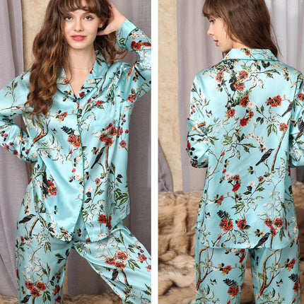 Women Silk Pajamas Long Sleeve Silk Pjs Set, Two-piece Button-Down Sleepwear