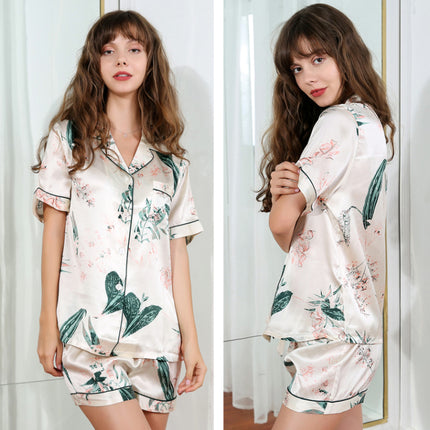 Women's Silk Pajamas Set Two-piece Pj Sleepwear Loungewear Button-Down Pj Sets