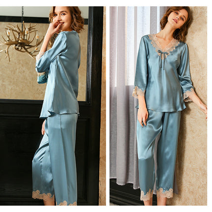 Women's Silky Pajama Set Lace Shirt Pajama Pant Set Soft PJ Loungewear