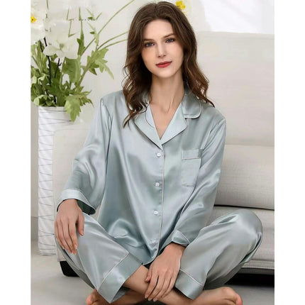 Women Long Sleeve Button Down Sleepwear Soft Silk Loungewear Pjs Set