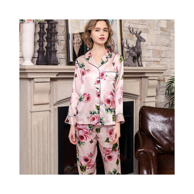 Women's Silk Pajamas Loungewear Two-piece Sleepwear Button-Down Pj Set-A2