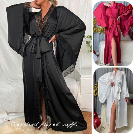 Women's Satin Kimono Robe Lace Long Sleeve Long Robe