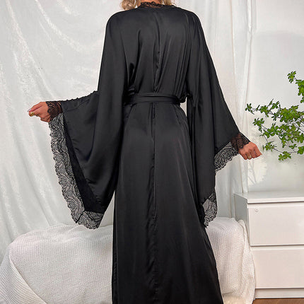 Women's Satin Kimono Robe Lace Long Sleeve Long Robe