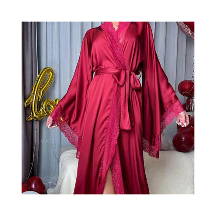 Women's Satin Kimono Robe Lace Long Sleeve Long Robe