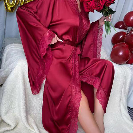 Women's Satin Kimono Robe Lace Long Sleeve Long Robe