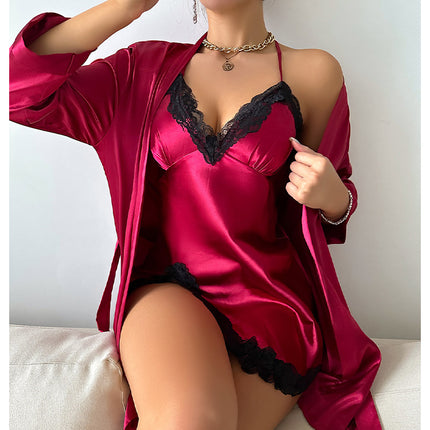 Women's Satin Robe Set 2 Piece Robes and Lace Cami Sleepwear Set