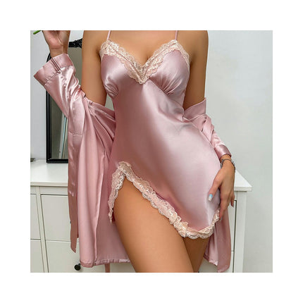 Women's Satin Robe Set 2 Piece Robes and Lace Cami Sleepwear Set