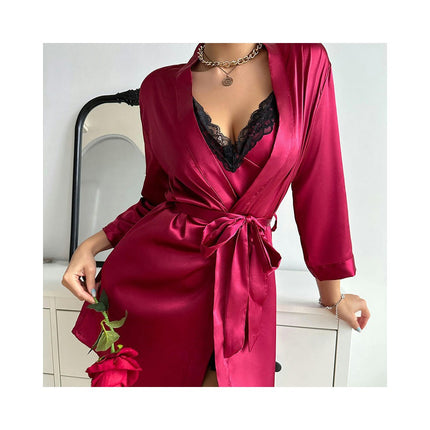 Women's Satin Robe Set 2 Piece Robes and Lace Cami Sleepwear Set