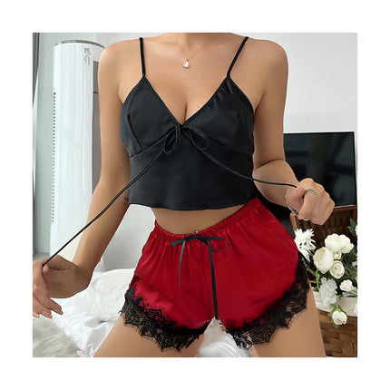 Women Sleepwear Satin Pajamas Set Lace Camisole Shorts Nightwear