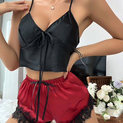 Women Sleepwear Satin Pajamas Set Lace Camisole Shorts Nightwear