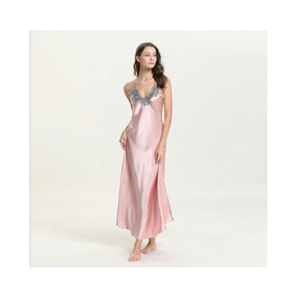 Women's Long Nightgown Satin Sleepwear Lace V Neck Nightwear Chemise Slip Dress