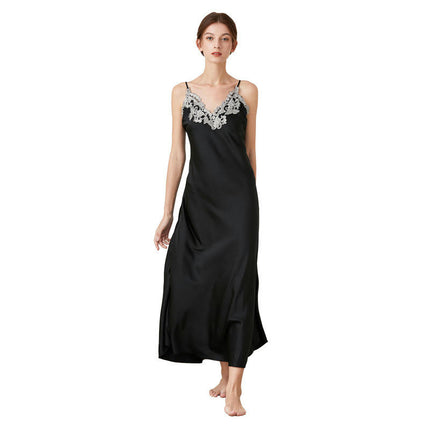 Women's Long Nightgown Satin Sleepwear Lace V Neck Nightwear Chemise Slip Dress