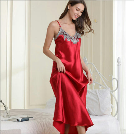 Women's Long Nightgown Satin Sleepwear Lace V Neck Nightwear Chemise Slip Dress