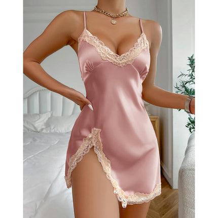 Satin Chemise Sexy Lingerie Dress Lace Nightgown Sleepwear for Women