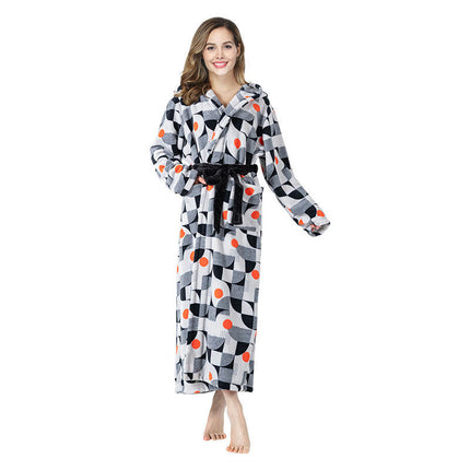 Women's Hooded Fleece Robe Soft Plush Bathrobe Fluffy Long Robe