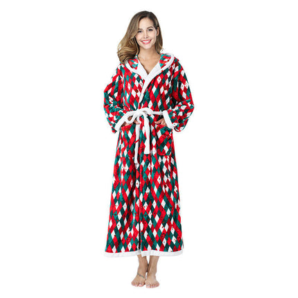 Women's Fleece Hooded Bathrobe Soft Warm Plush Long Robe