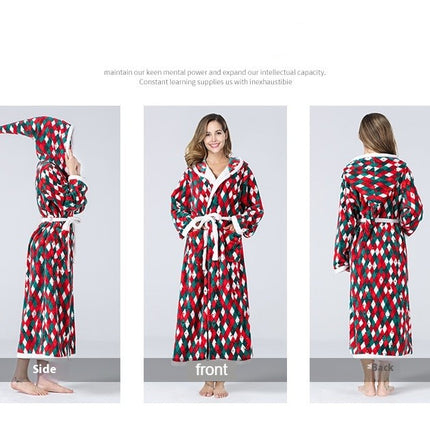 Women's Fleece Hooded Bathrobe Soft Warm Plush Long Robe