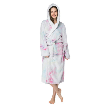 Women's Long Hooded Bathrobe Soft Plush Fleece Bathrobe