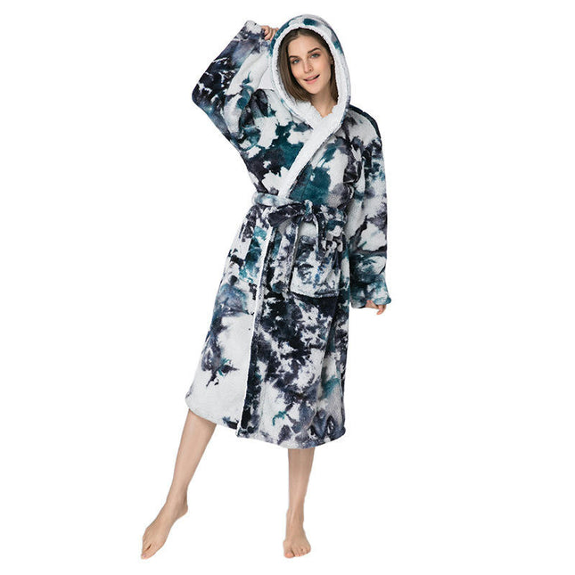 Women's Long Hooded Bathrobe Soft Plush Fleece Bathrobe