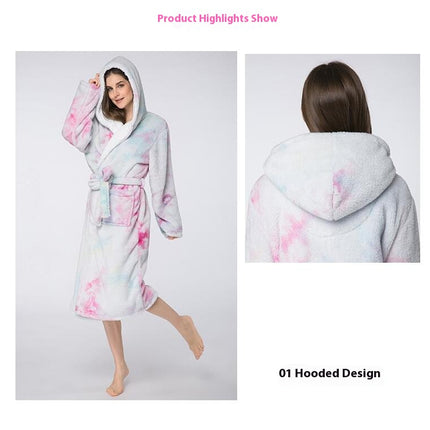 Women's Long Hooded Bathrobe Soft Plush Fleece Bathrobe