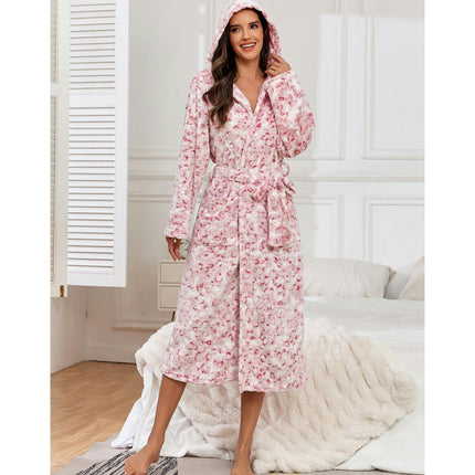 Women's Hooded Bathrobe Fleece Plush Warm Long Soft Robes