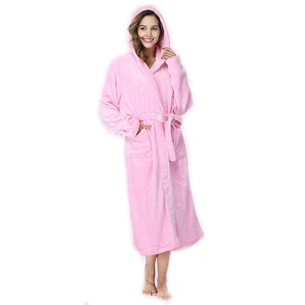 Women's Hooded Fleece Robe Soft Plush Bathrobe Fluffy House Coat