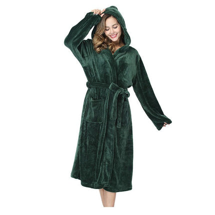 Women's Hooded Fleece Robe Soft Plush Bathrobe Fluffy House Coat