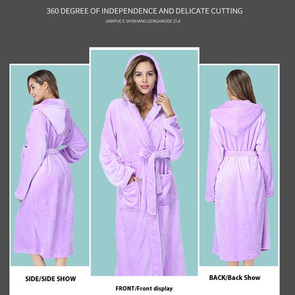 Women's Hooded Fleece Robe Soft Plush Bathrobe Fluffy House Coat