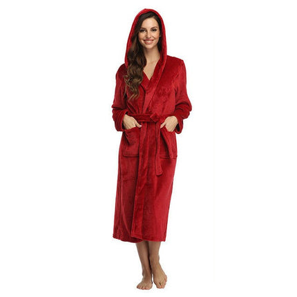 Women's Hooded Fleece Robe Soft Plush Bathrobe Fluffy House Coat