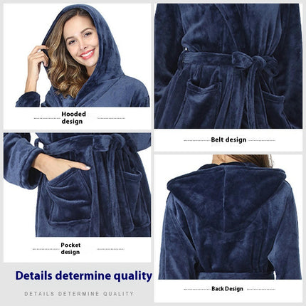 Women's Hooded Fleece Robe Soft Plush Bathrobe Fluffy House Coat