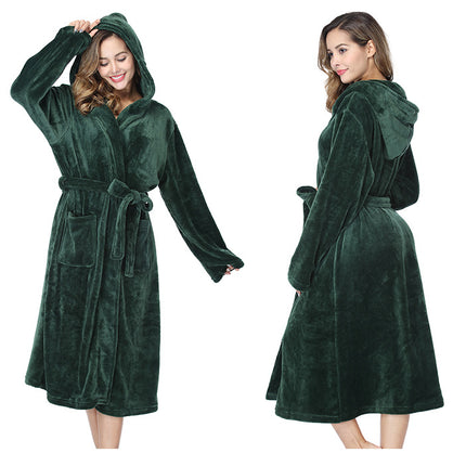 Women's Hooded Fleece Robe Soft Plush Bathrobe Fluffy House Coat