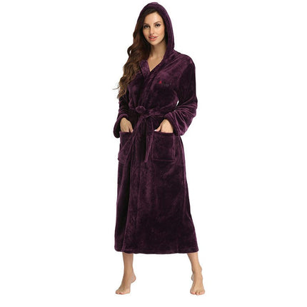 Women's Hooded Fleece Robe Soft Plush Bathrobe Fluffy House Coat