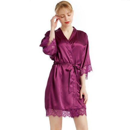 Women's Lace Trim Kimono Robes Silky Satin Bathrobe Wedding Party Sleepwear