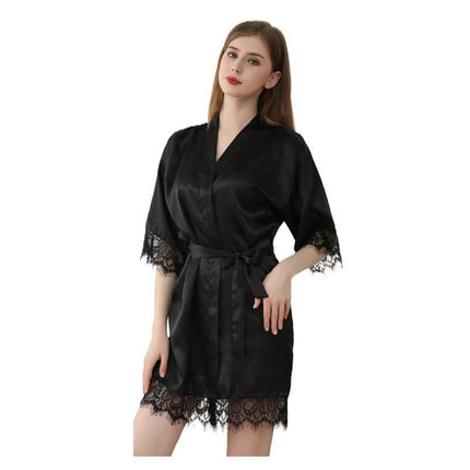 Women's Lace Trim Kimono Robes Silky Satin Bathrobe Wedding Party Sleepwear