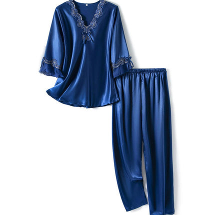 Women Satin Short Sleeve Silk Pajama Sets Soft Sleepwear Top with Long Pj Pant