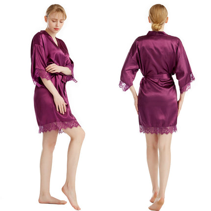 Women's Lace Trim Kimono Robes Silky Satin Bathrobe Wedding Party Sleepwear