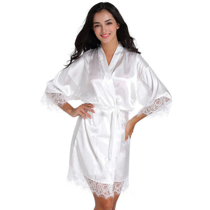 Women's Lace Trim Kimono Robes Silky Satin Bathrobe Wedding Party Sleepwear