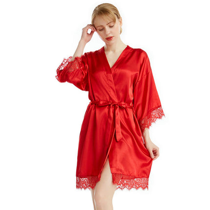 Women's Lace Trim Kimono Robes Silky Satin Bathrobe Wedding Party Sleepwear