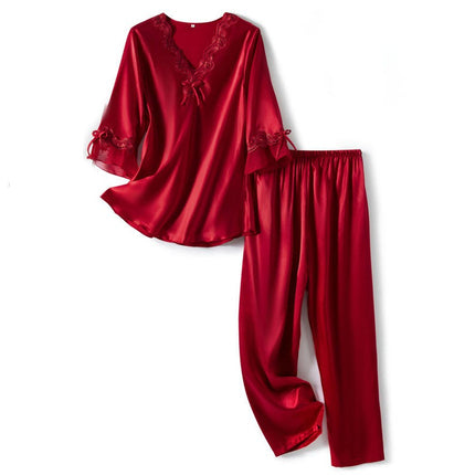 Women Satin Short Sleeve Silk Pajama Sets Soft Sleepwear Top with Long Pj Pant