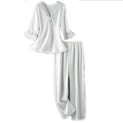 Women Satin Short Sleeve Silk Pajama Sets Soft Sleepwear Top with Long Pj Pant