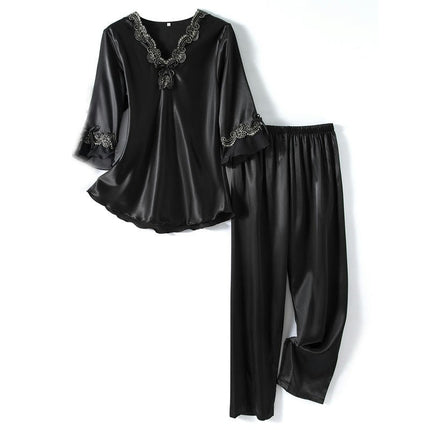 Women Satin Short Sleeve Silk Pajama Sets Soft Sleepwear Top with Long Pj Pant