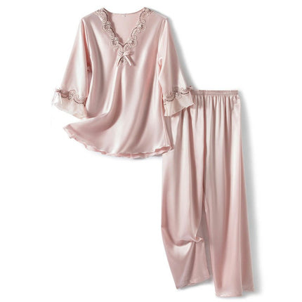 Women Satin Short Sleeve Silk Pajama Sets Soft Sleepwear Top with Long Pj Pant